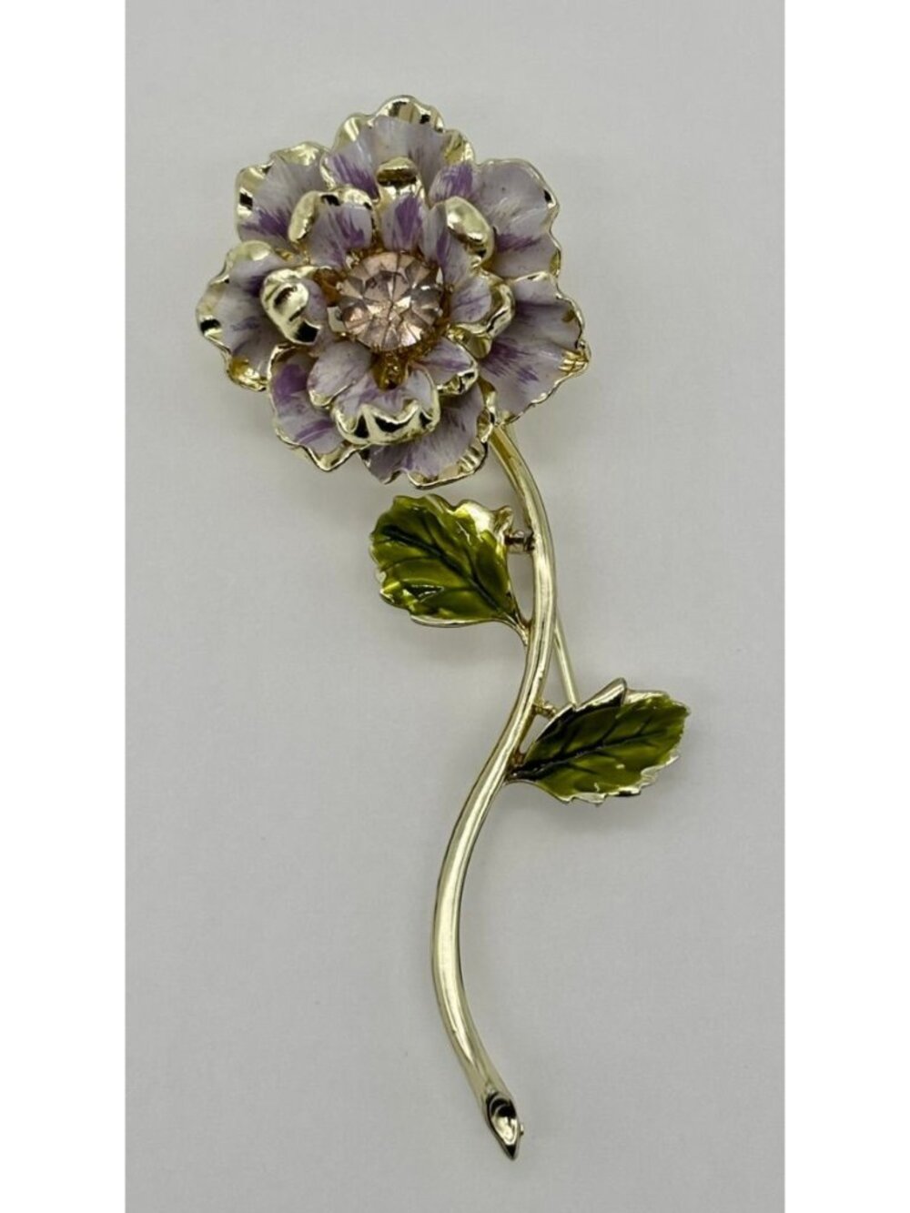 Vintage Coro Pegasus Long Stem Flower Brooch Enamel Purple Rhinestone, Gold-Tone